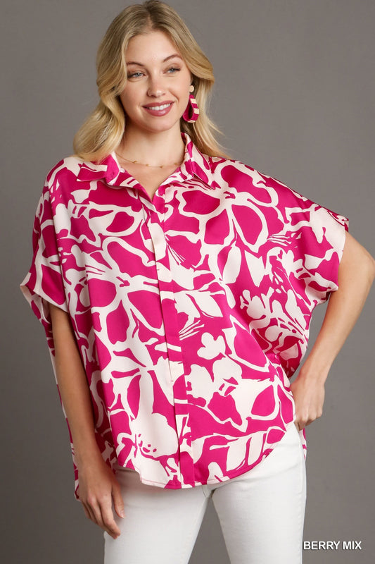 Umgee Bold Floral Print Top in Berry